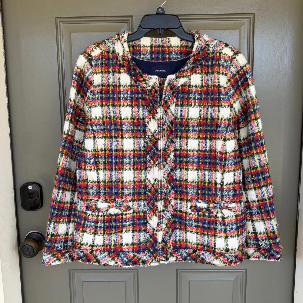 Lands' End Multicolor Tartan Plaid Tweed‎ Zip-Front Blazer Jacket 16W